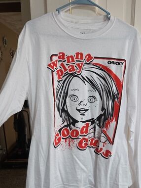 Chucky 'Wanna Play' White Graphic  Long Sleeve Tee
